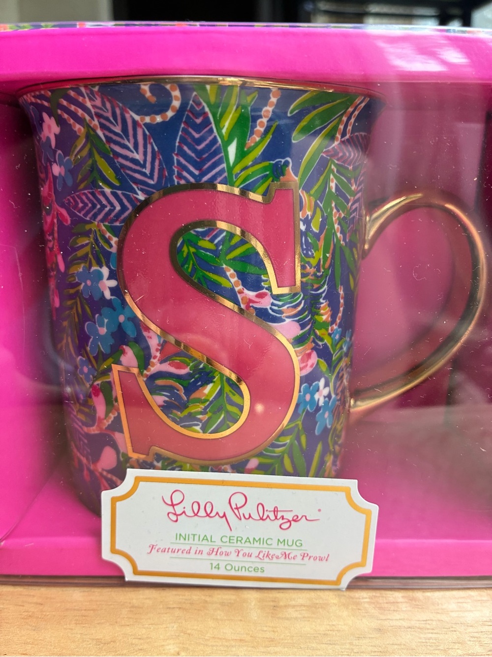 Lilly Pulitzer Initial "S" Ceramic Mug - How You Like Me Prowl (14 oz, NIB)